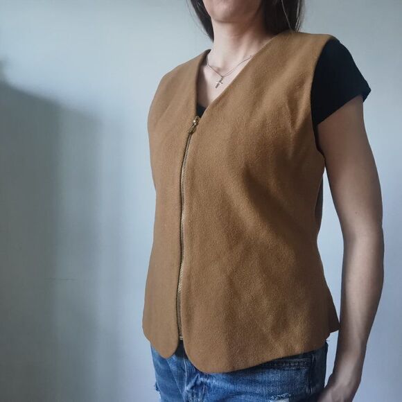 Camel wool blend vintage vest gold zipper closure 80s 90s - Picture 2 of 3